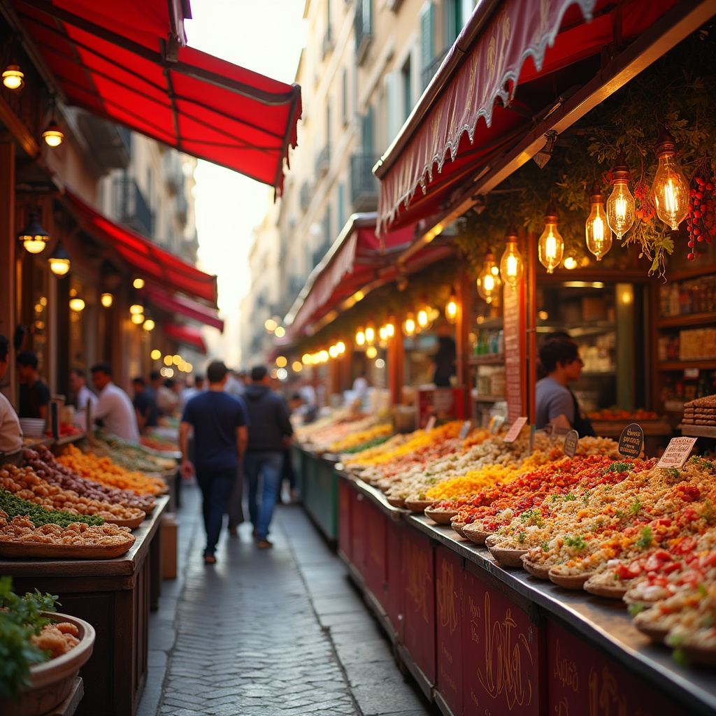 Targowisko w Barcelonie z hiszpańskimi tapas na straganach