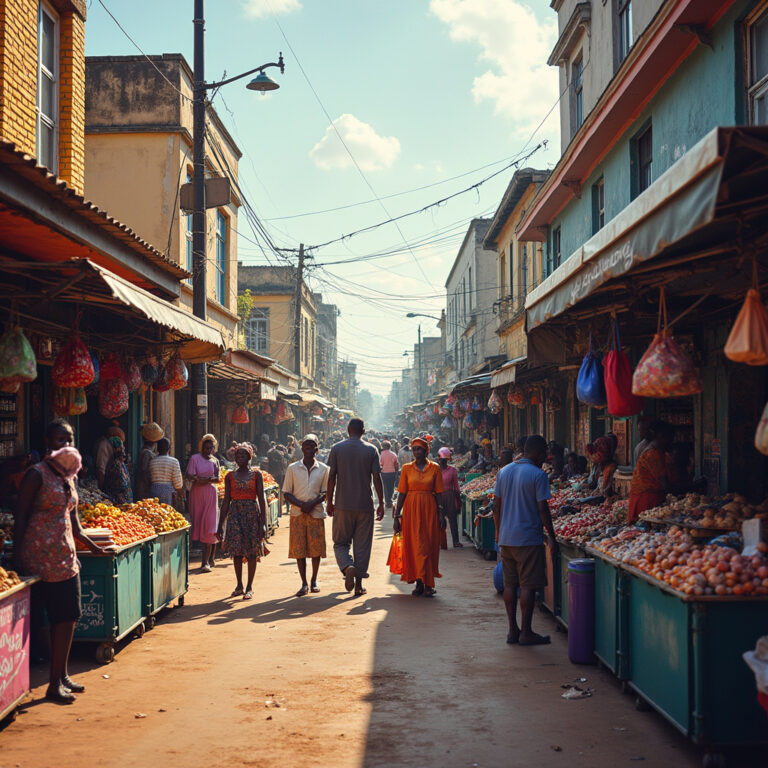 Ulica w Nairobi z lokalnymi straganami i tętniącym życiem targiem