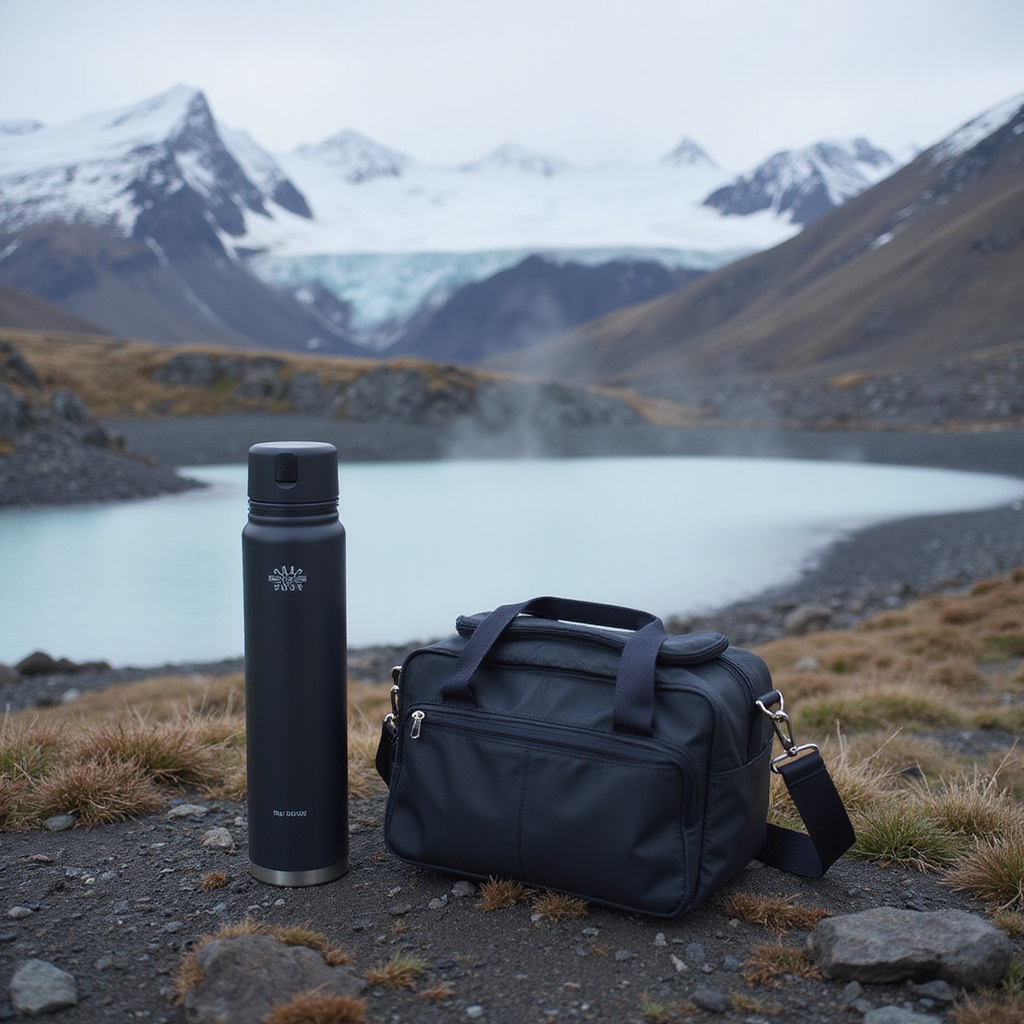 Termos i torba termiczna na tle islandzkiego krajobrazu, niezbędne akcesoria