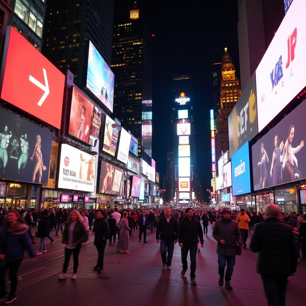 Tłum na Times Square nocą, turyści i mieszkańcy w świetle neonów