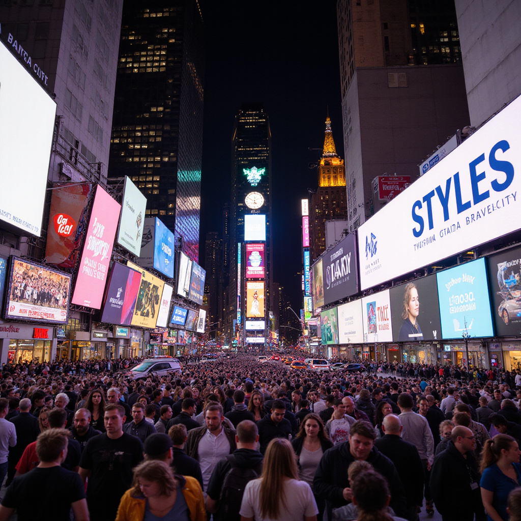 Tłum ludzi na Times Square nocą, tętniące życiem miejsce w Nowym Jorku
