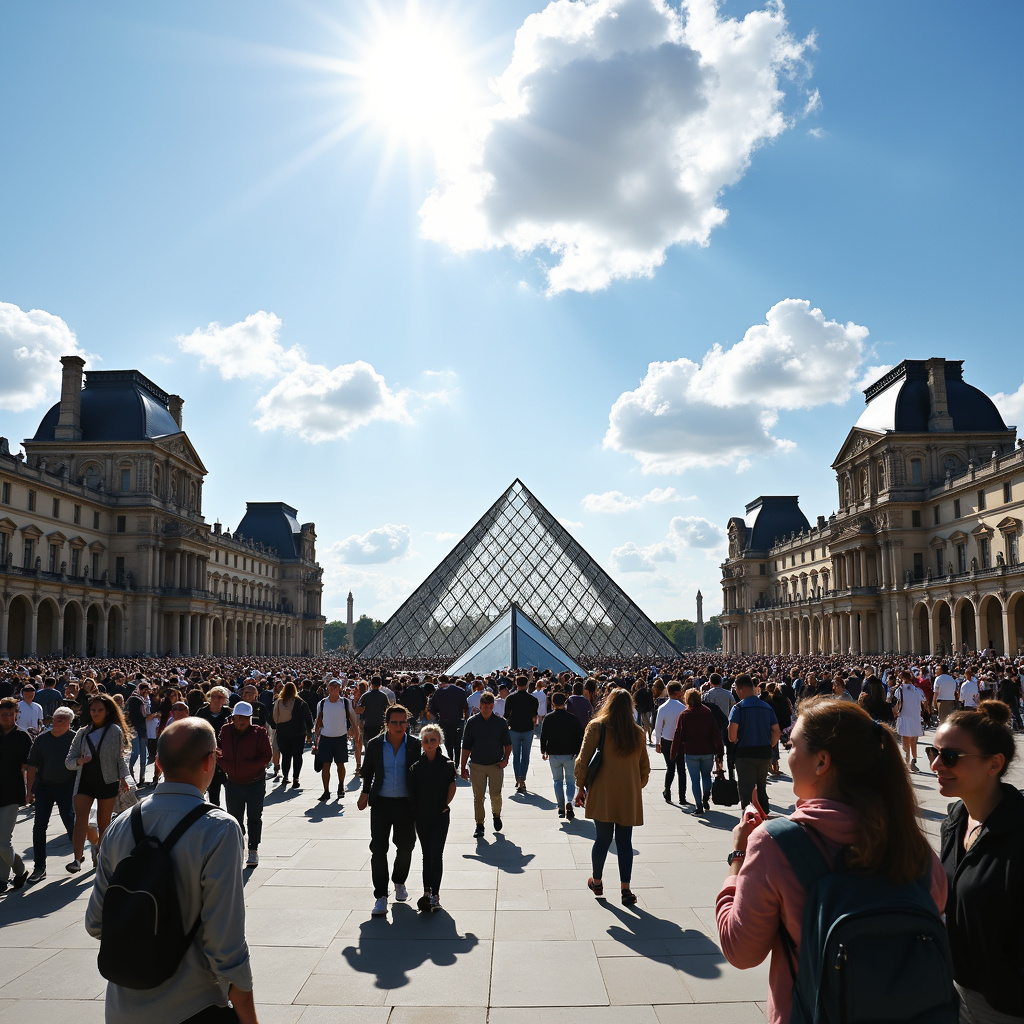 Tłum na placu przed Luwrem, ludzie spacerujący w słoneczny dzień