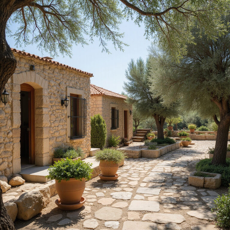 Tradycyjna cypryjska wioska z kamiennymi domami i gajami oliwnymi, filoxenia cypryjska sztuka gościnności