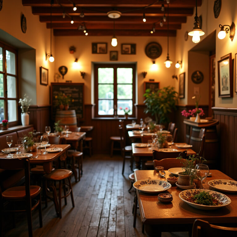 Tradycyjna czeska restauracja z drewnianymi stolikami i lokalnym jedzeniem