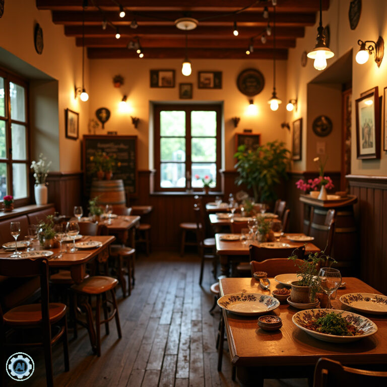 Tradycyjna czeska restauracja z drewnianymi stolikami i lokalnym jedzeniem