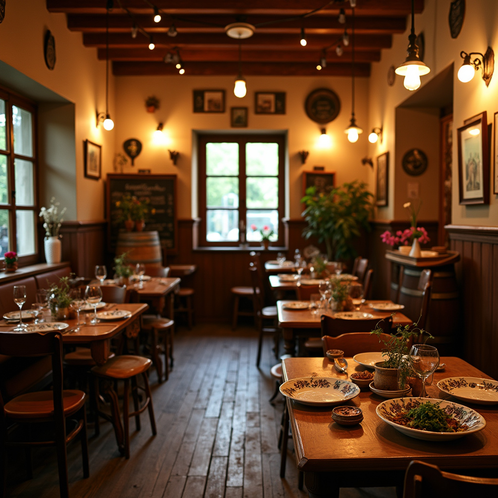 Tradycyjna czeska restauracja z drewnianymi stolikami i lokalnym jedzeniem