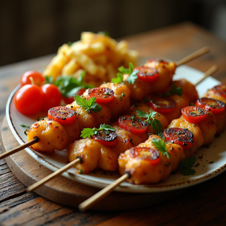 Tradycyjna espetada z Madery na drewnianym stole z dodatkami