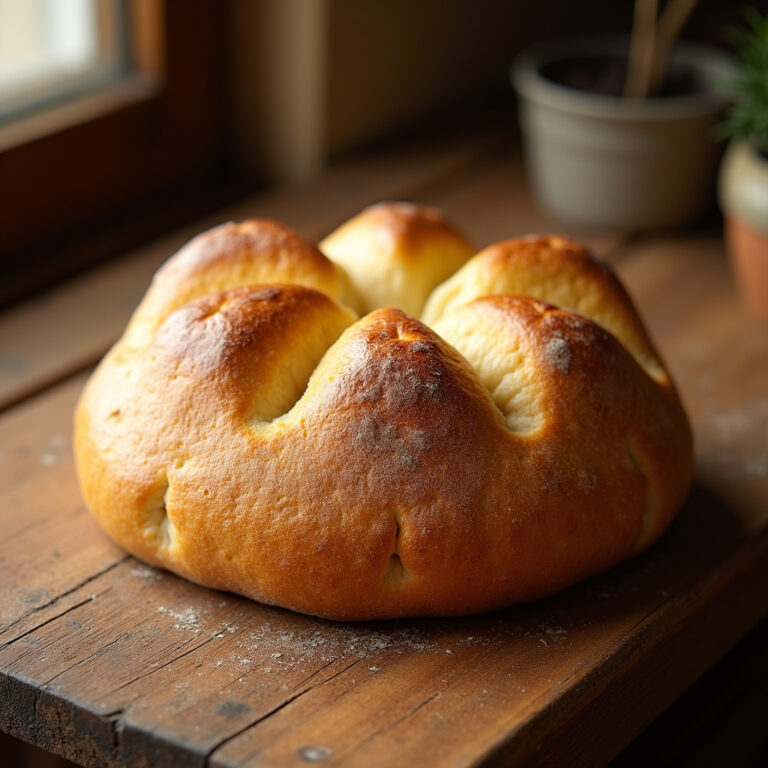 Tradycyjna ftira maltańska z Comino na drewnianym stole, złocista skórka i puszyste wnętrze