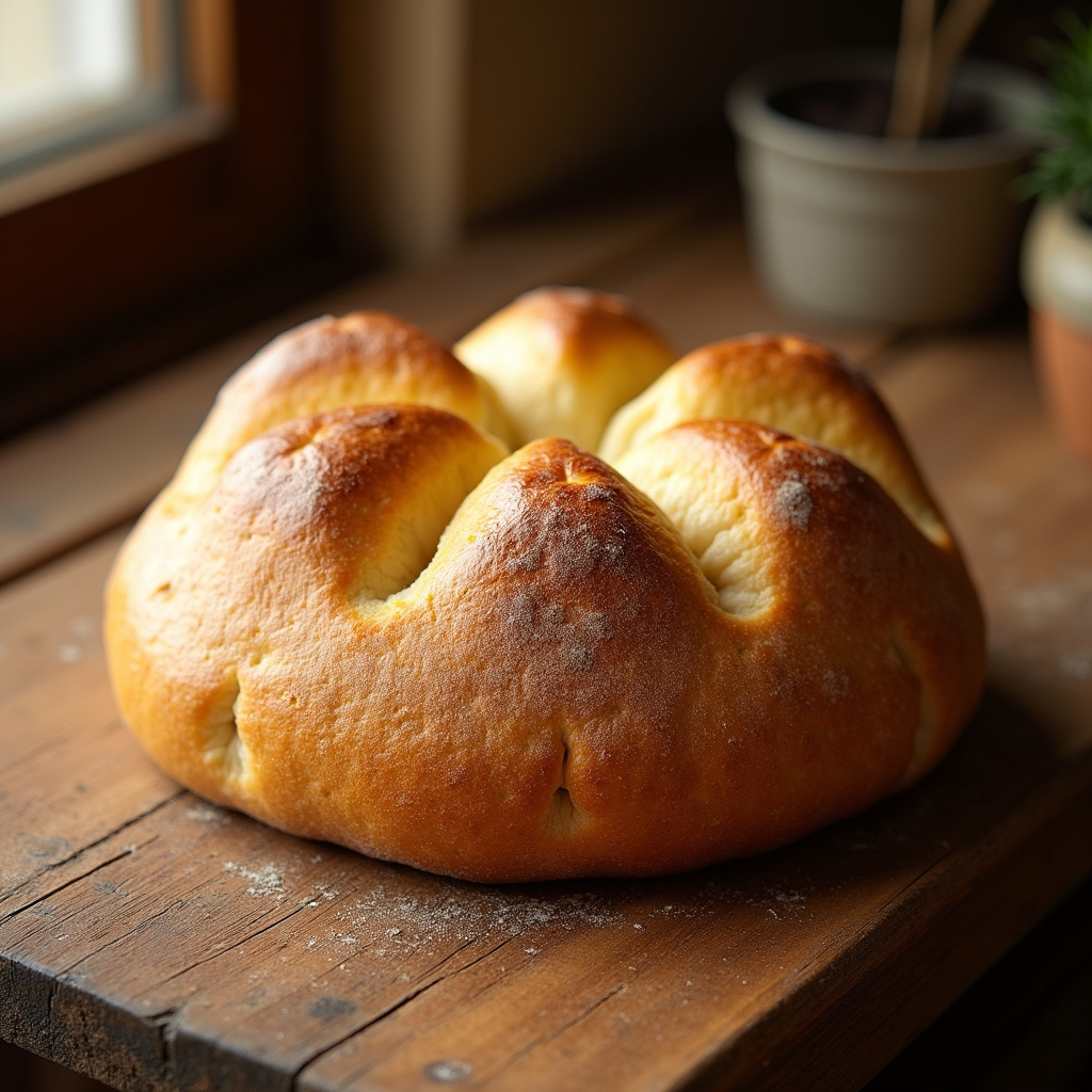 Tradycyjna ftira maltańska z Comino na drewnianym stole, złocista skórka i puszyste wnętrze