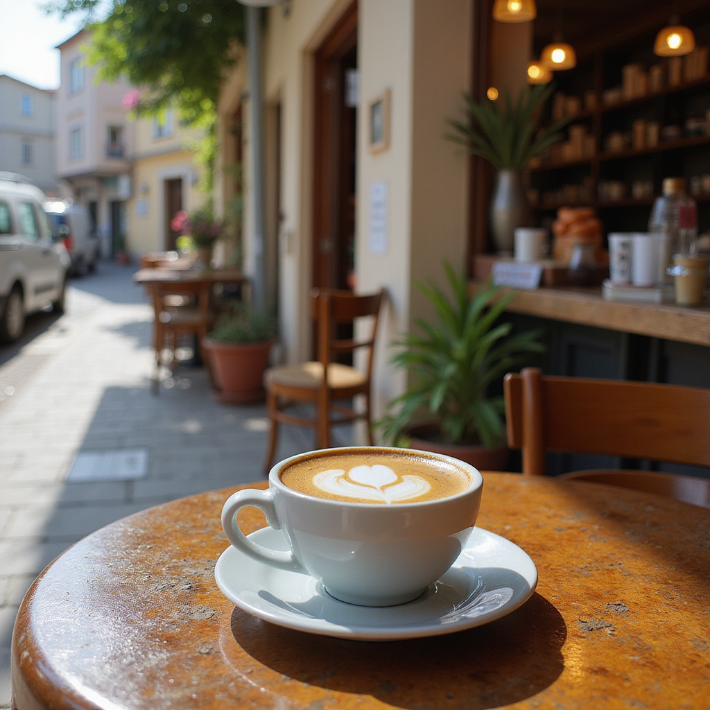 Tradycyjna grecka kawa w Patras serwowana w małej filiżance na tle ulicznej kawiarni