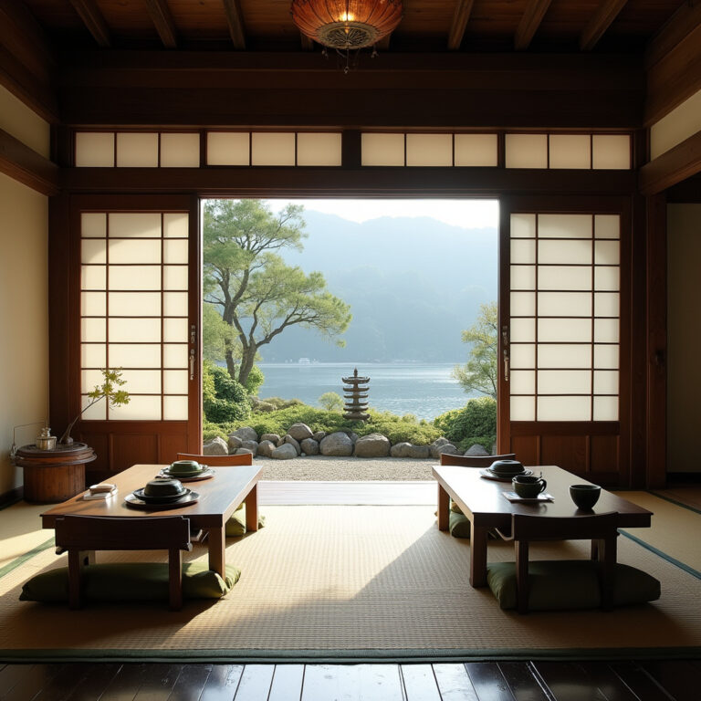 Tradycyjna herbaciarnia na Miyajimie z widokiem na ogród, japońska kultura i spokój