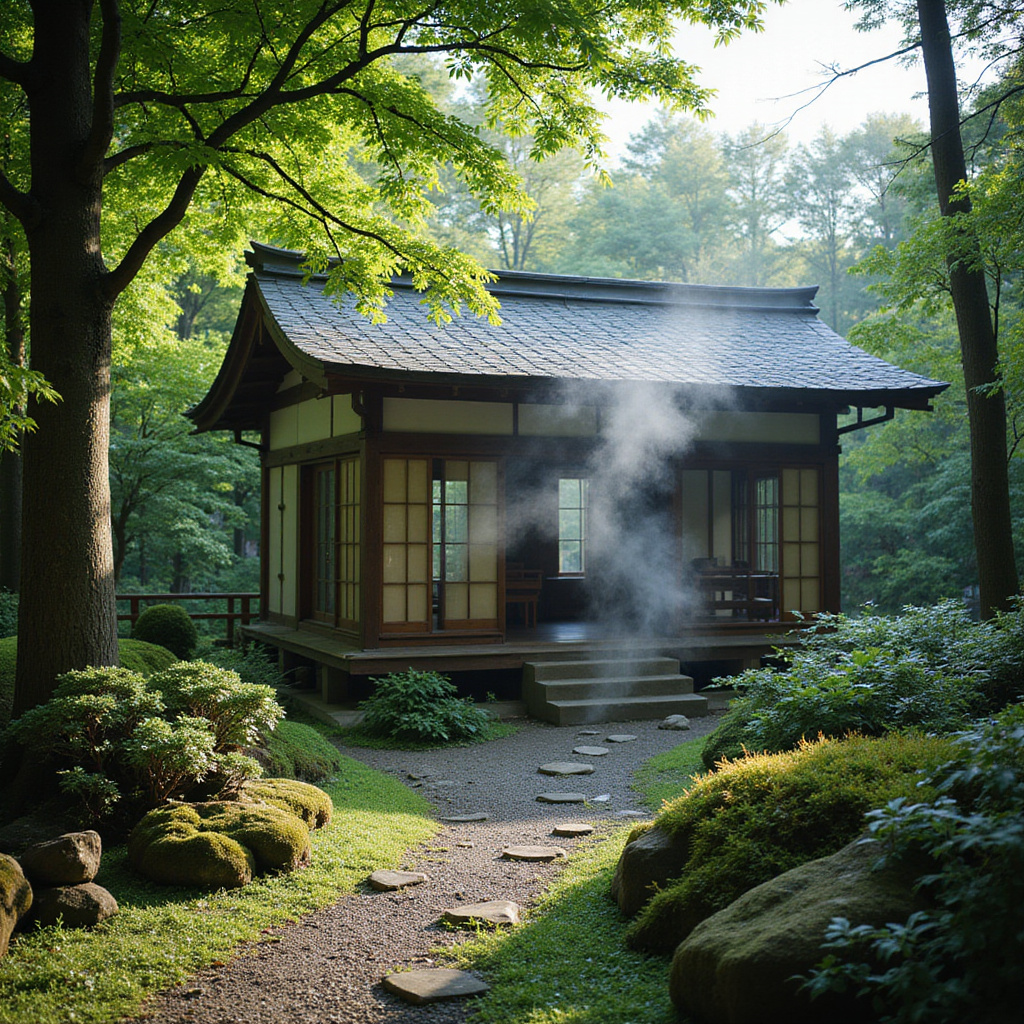 Tradycyjna herbaciarnia w Sankeien Garden otoczona zielenią