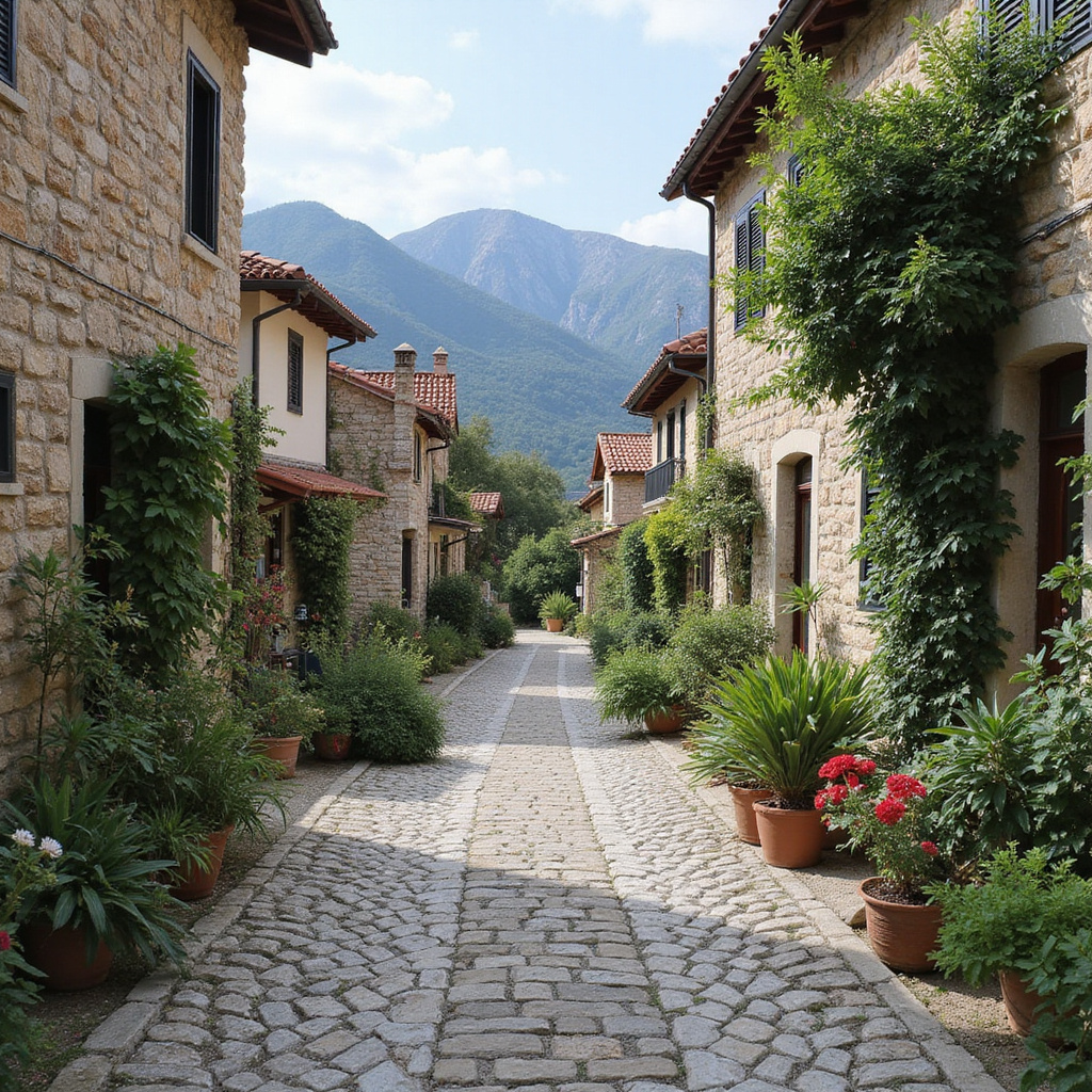 Tradycyjna kamienna wioska na Pelion z wąskimi uliczkami i górami w tle