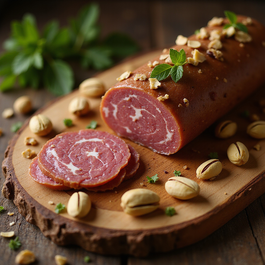 tradycyjna mortadella bolońska z kostkami tłuszczu i pistacjami na drewnianej desce