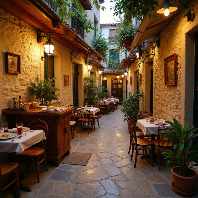 Uliczka w Heraklionie z tradycyjną tawerną serwującą lokalne specjały Krety
