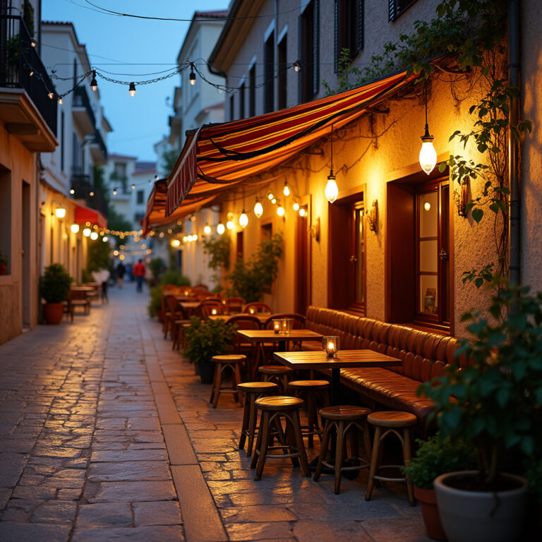 Ulica w Patras z tawerną serwującą tradycyjne greckie dania, w tym souvlaki i moussakę