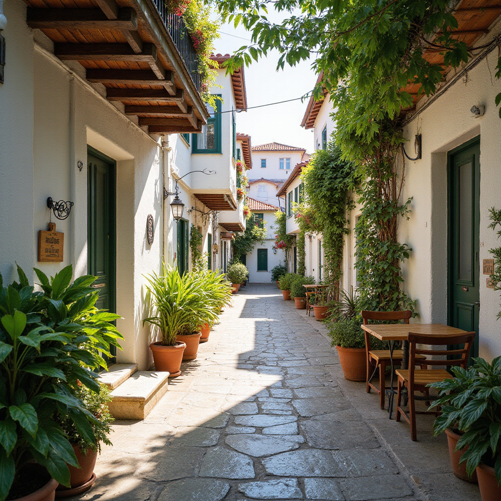 Uliczka w Volos z tradycyjnymi białymi domami i kawiarniami