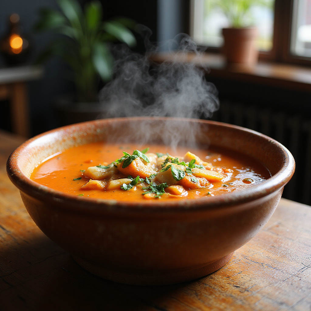 Tradycyjna wegetariańska zupa pomidorowo-cebulowa podawana w lokalnej restauracji