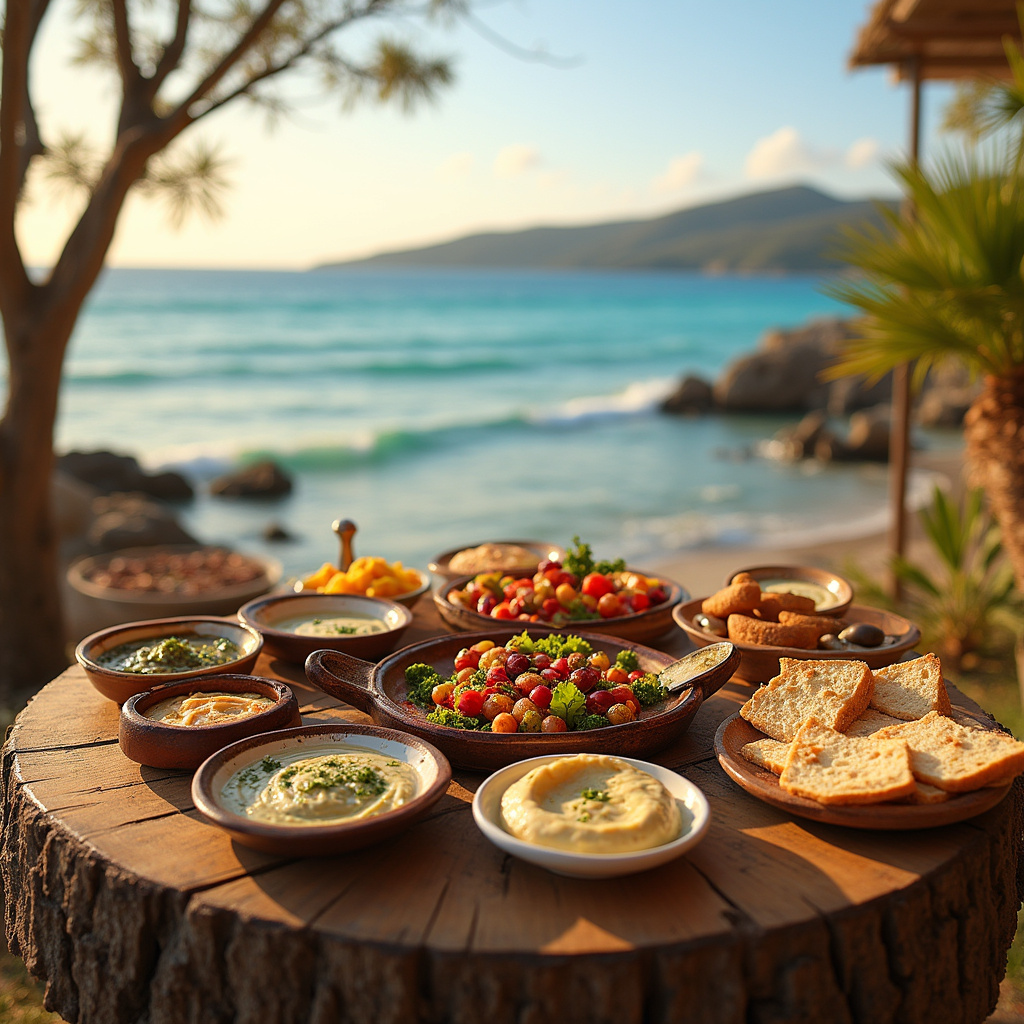 Tradycyjne cypryjskie meze na stole z widokiem na morze