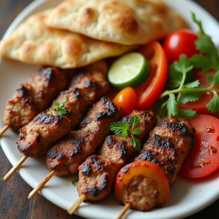 Tradycyjne cypryjskie souvlaki z grillowanym mięsem i świeżymi warzywami w picie