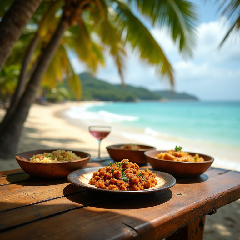 Tradycyjne dania z kokosem w kuchni dominikańskiej na tle plaży