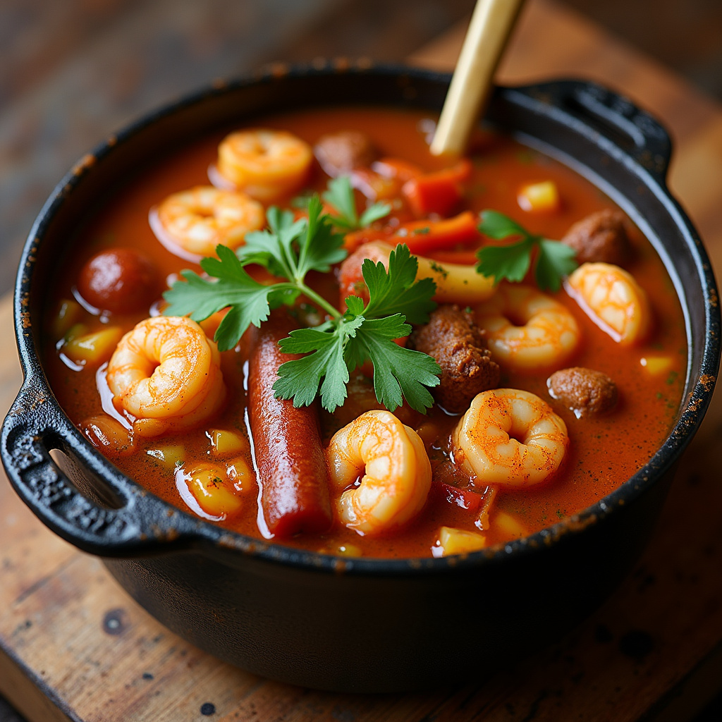 Tradycyjne danie gumbo z owocami morza i kiełbasą w restauracji w Luizjanie