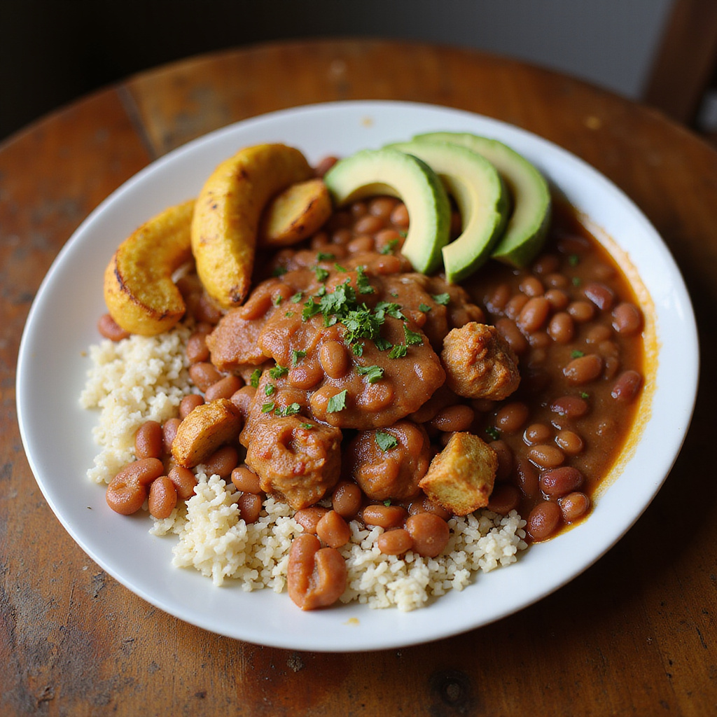 Tradycyjne dominikańskie danie La Bandera Dominicana serwowane w restauracji w Sosúa