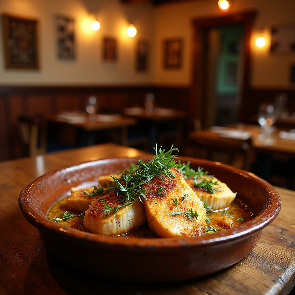 Tradycyjne danie z bacalhau na stole w portugalskiej tawernie