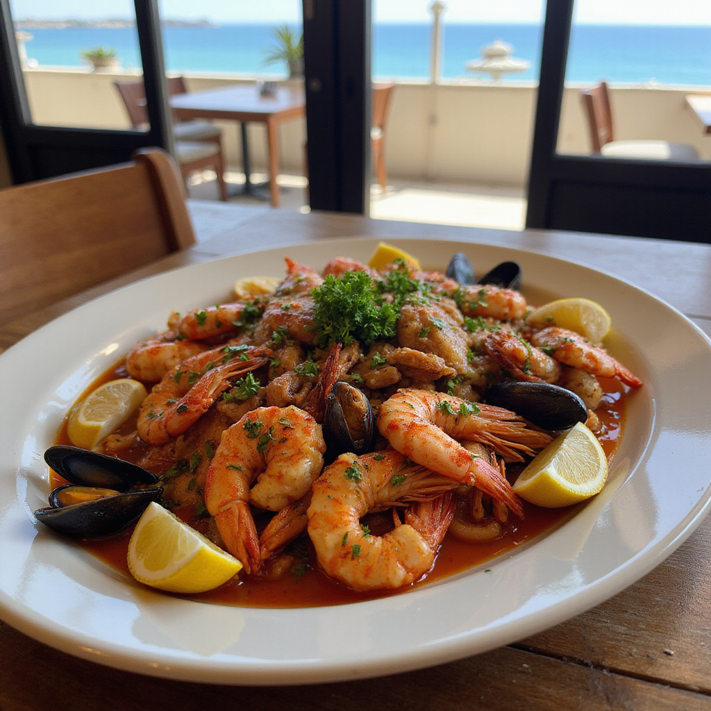 Tradycyjne danie z owocami morza w restauracji w Palmie de Mallorca