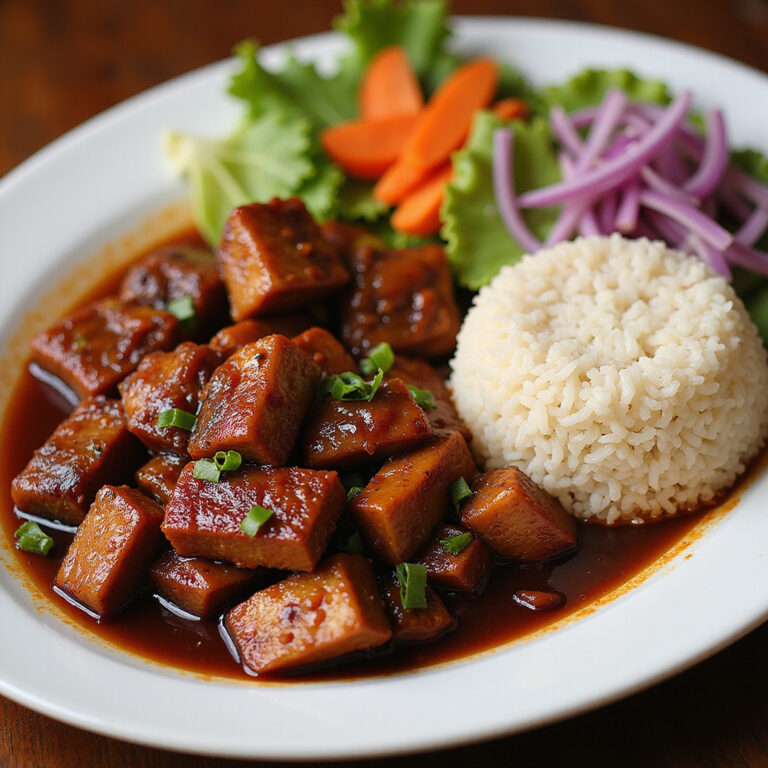 Tradycyjne filipińskie danie adobo z ryżem i warzywami