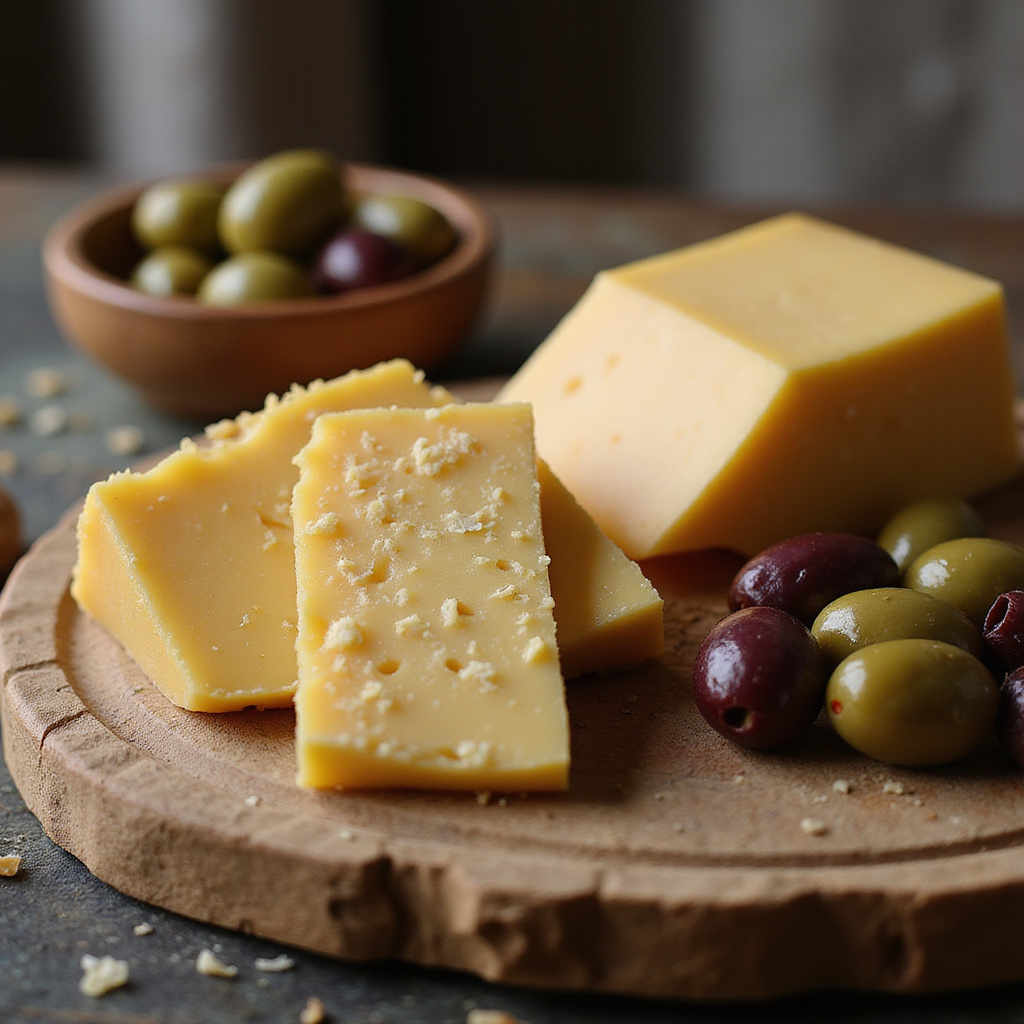 Tradycyjne maltańskie sery gbejniet na drewnianej desce z oliwkami