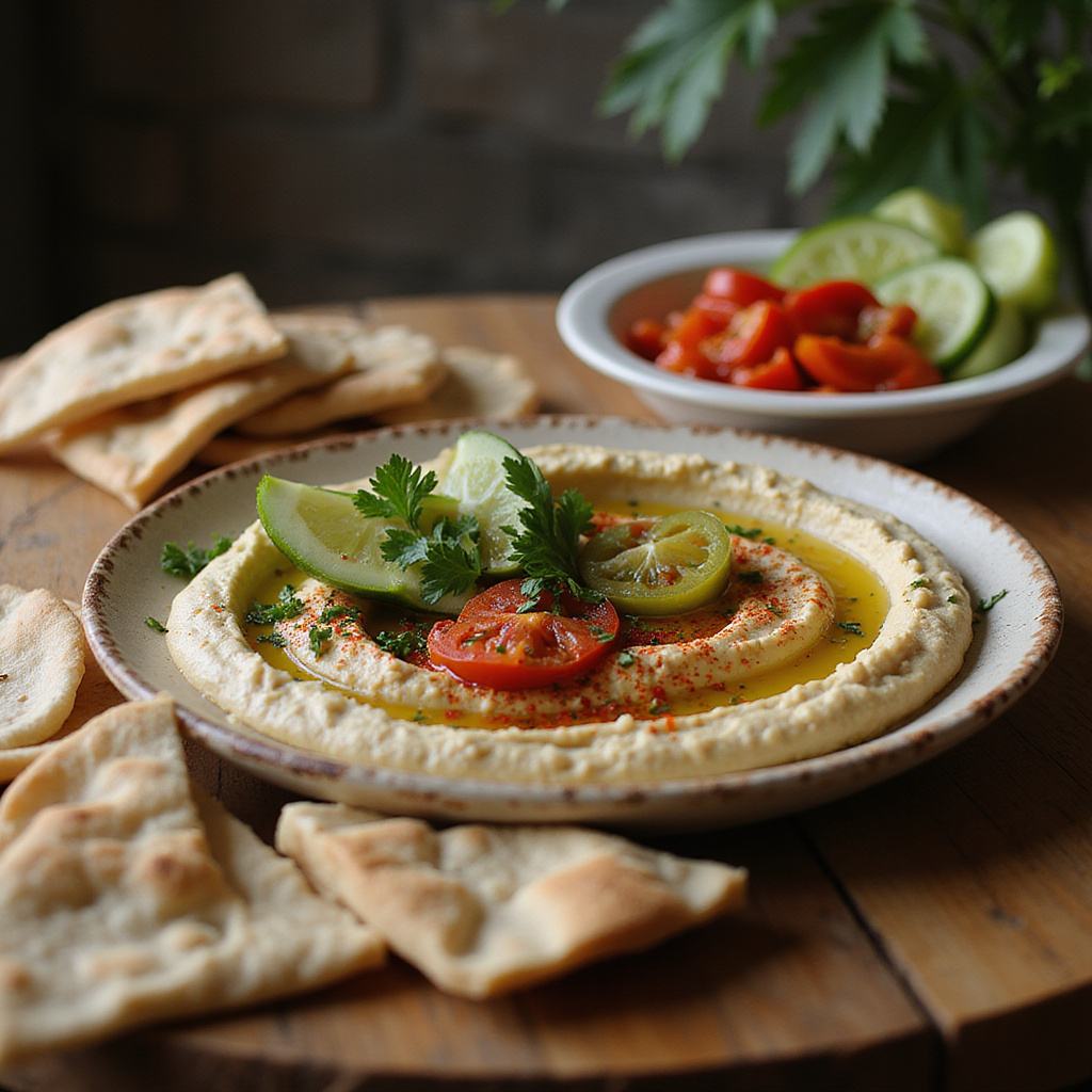 Tradycyjne mezze na stole z hummusem i świeżymi warzywami