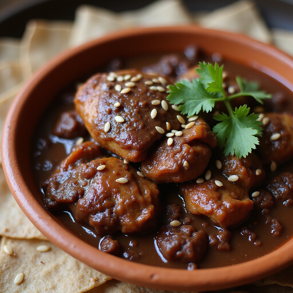 Tradycyjny meksykański mole czekoladowy sos podawany z kurczakiem