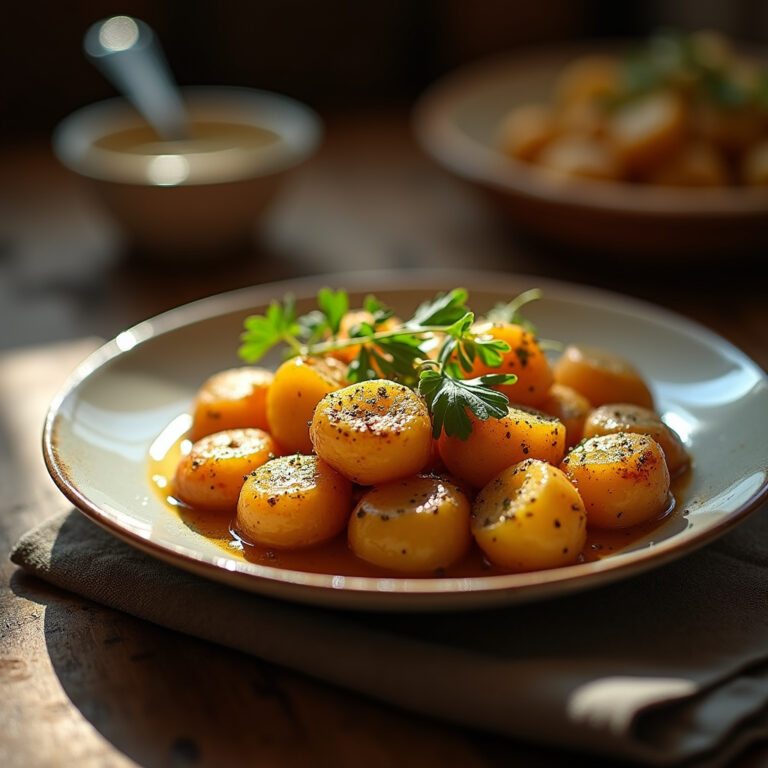 Tradycyjne pyry z gzikiem, danie kuchni poznańskiej, serwowane na drewnianym stole