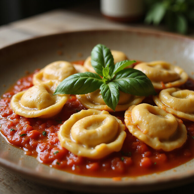 Tradycyjne tortellini di Valeggio na talerzu z sosem pomidorowym, świeże i aromatyczne