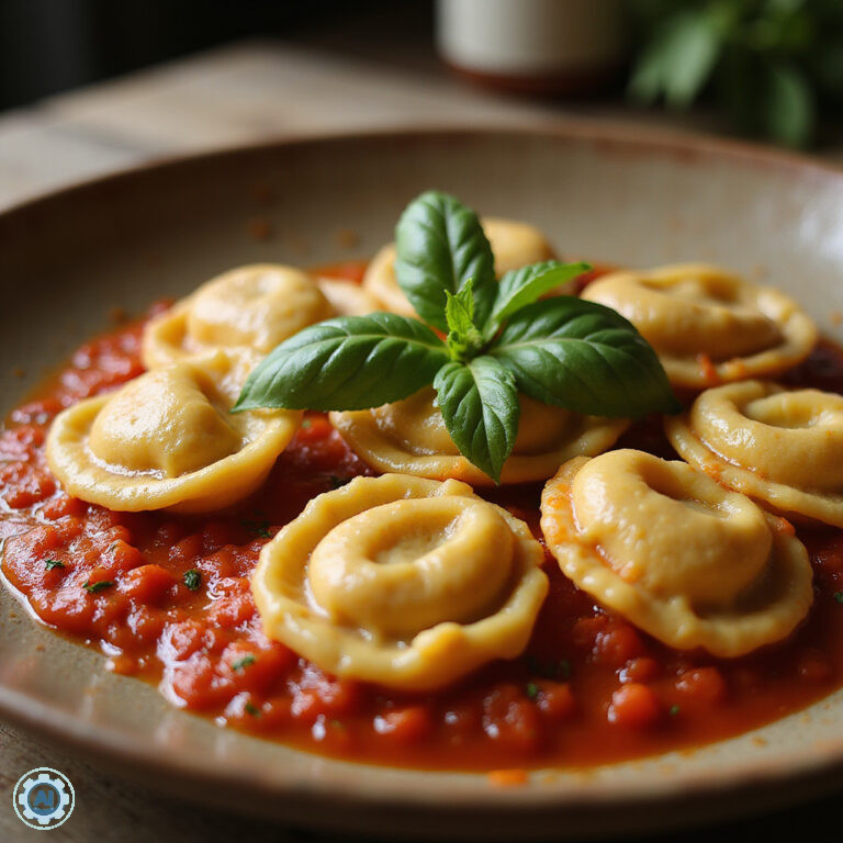 Tradycyjne tortellini di Valeggio na talerzu z sosem pomidorowym, świeże i aromatyczne