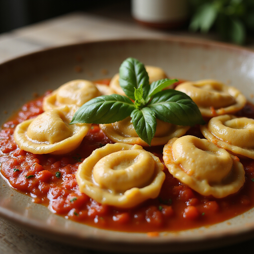 Tradycyjne tortellini di Valeggio na talerzu z sosem pomidorowym, świeże i aromatyczne