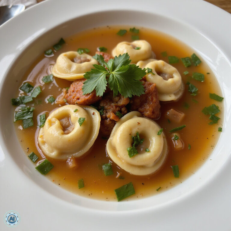 Tradycyjne tortellini w bulionie, ręcznie robione w Bolonii