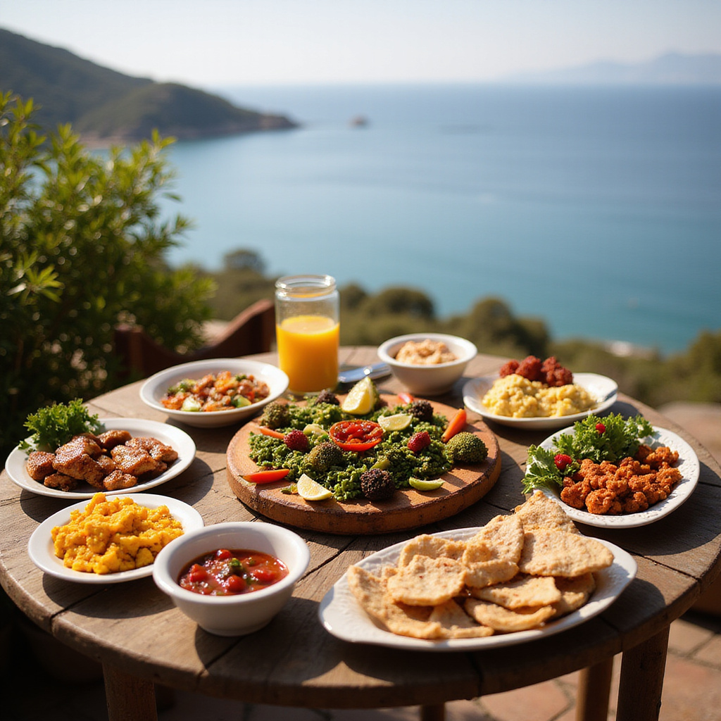 Tradycyjne tureckie meze w Marmaris na drewnianym stole z widokiem na morze