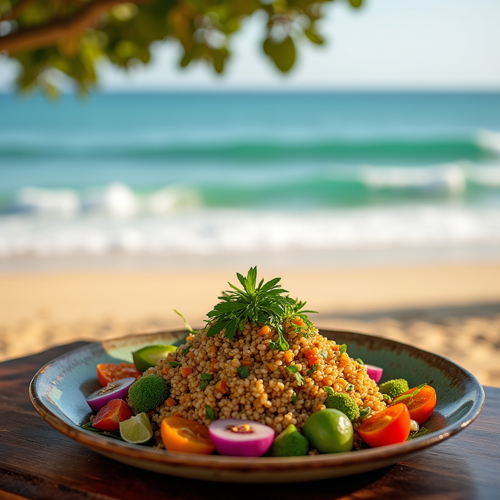 tradycyjne wegaĆskie danie na tle plaĆŒy w Watamu z widokiem na ocean
