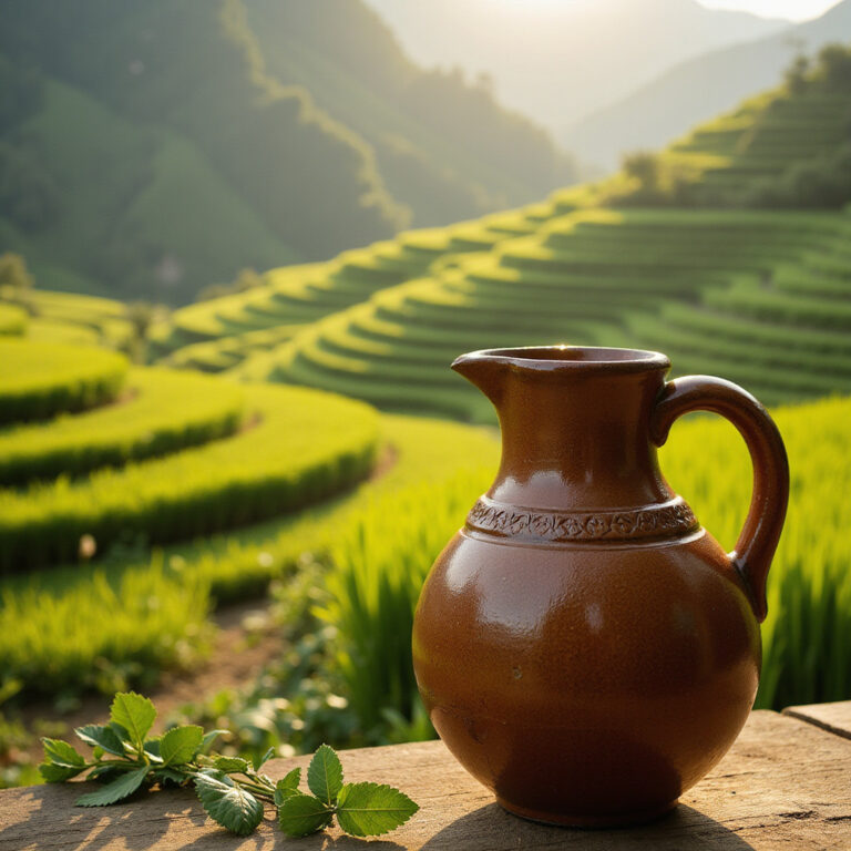 Tradycyjne wino ryżowe Sapa w glinianym dzbanku na tle tarasów ryżowych