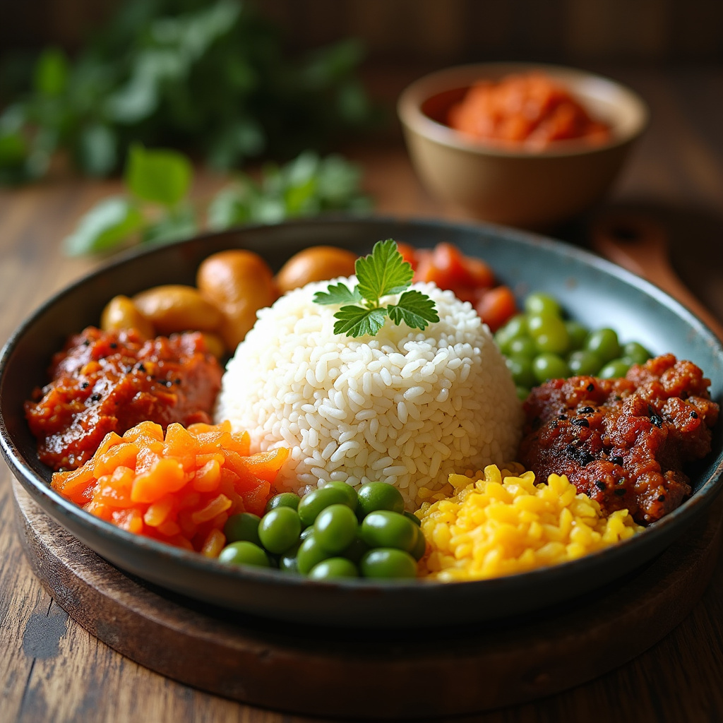 Tradycyjny filipiński ryż z dodatkami na drewnianym stole