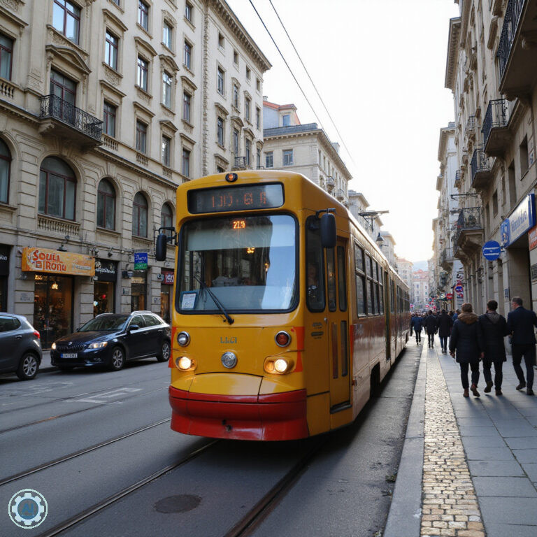 Tramwaj linii 6 na ulicy w Zagrzebiu, transport publiczny w stolicy Chorwacji