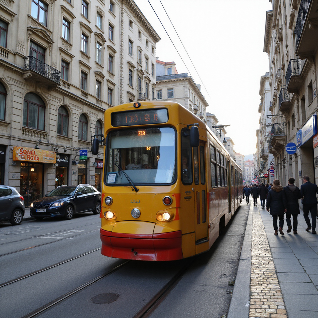 Tramwaj linii 6 na ulicy w Zagrzebiu, transport publiczny w stolicy Chorwacji