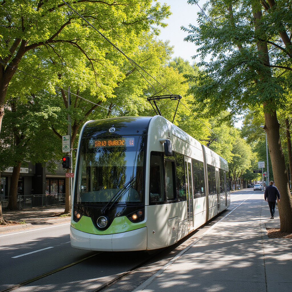 Tramwaj w Canberrze przejeżdżający obok zieleni, ekologiczne podróżowanie
