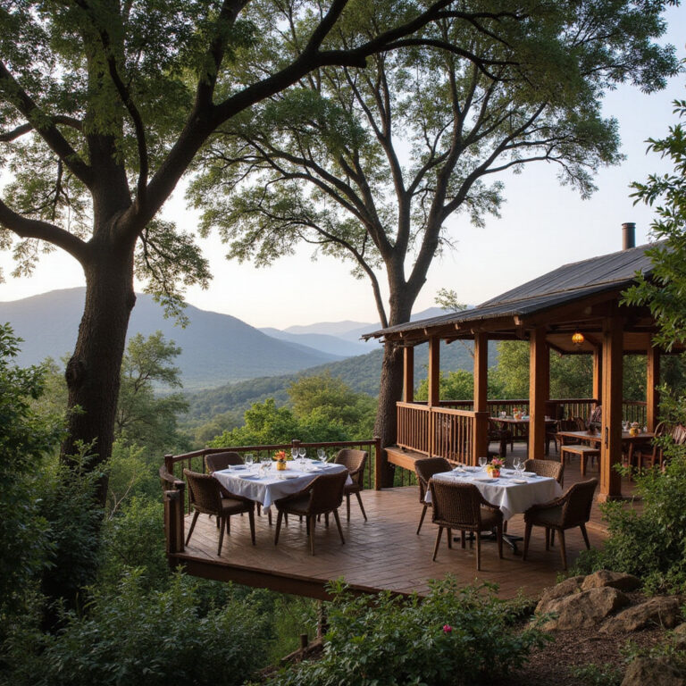 Restauracja Trout Tree w koronach drzew z widokiem na góry Kenii, otoczona zielenią i naturą