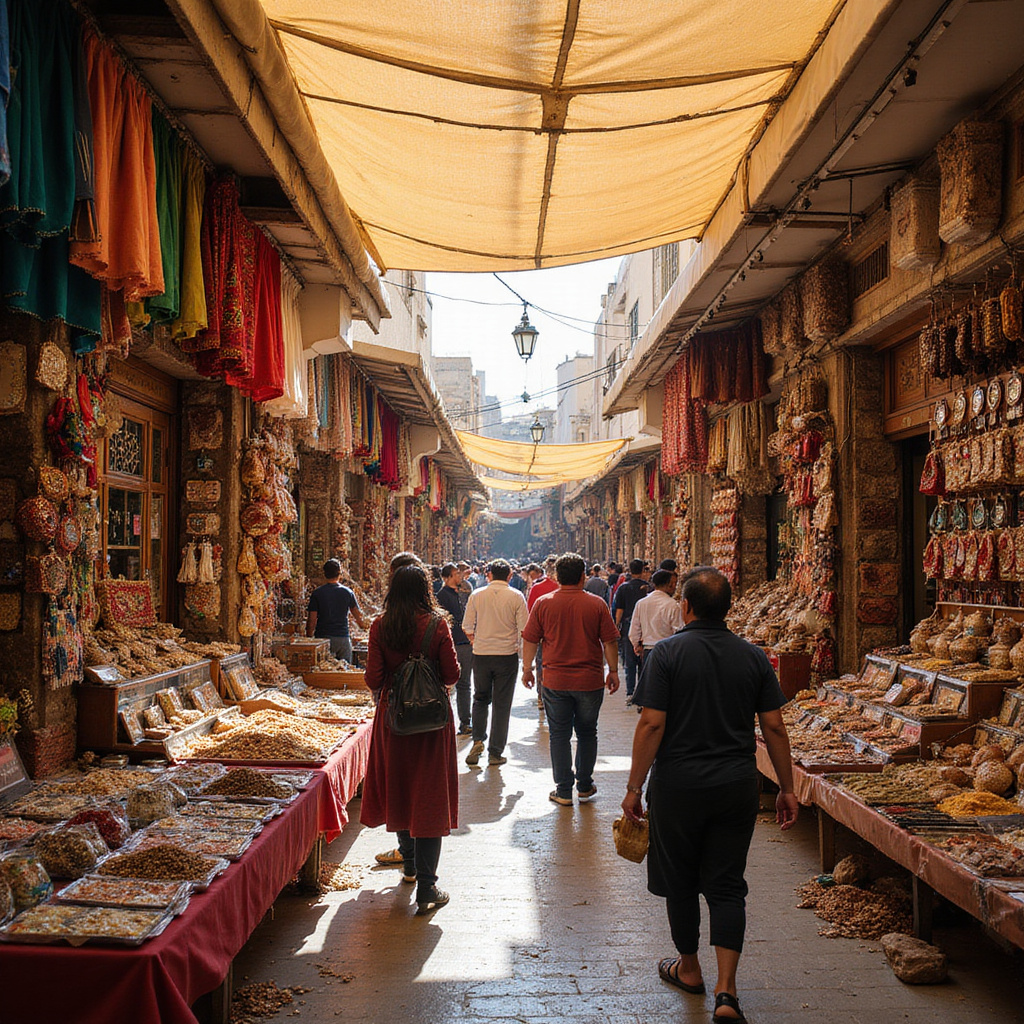 Tunezyjski suk z kolorowymi straganami i tłumem ludzi