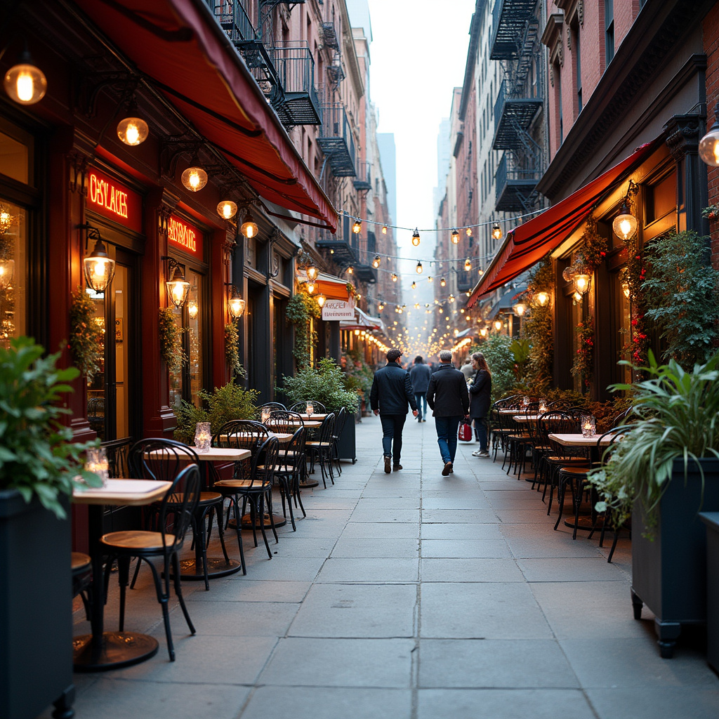 Widok na tętniącą życiem ulicę w Nowym Jorku z kawiarniami i sklepami