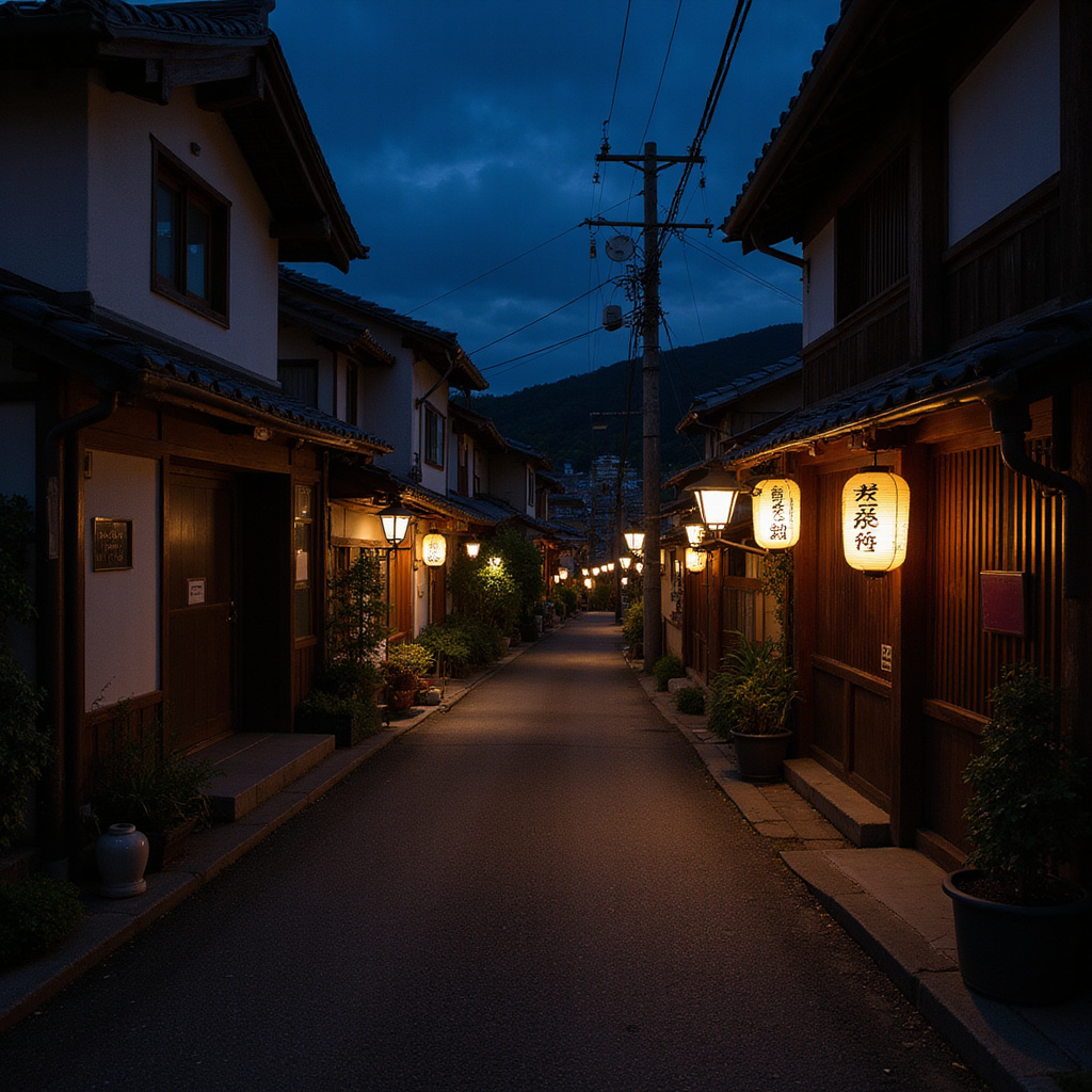 Ulica na wyspie Miyajima nocą, oświetlona latarniami, z widokiem na tradycyjne japońskie budynki