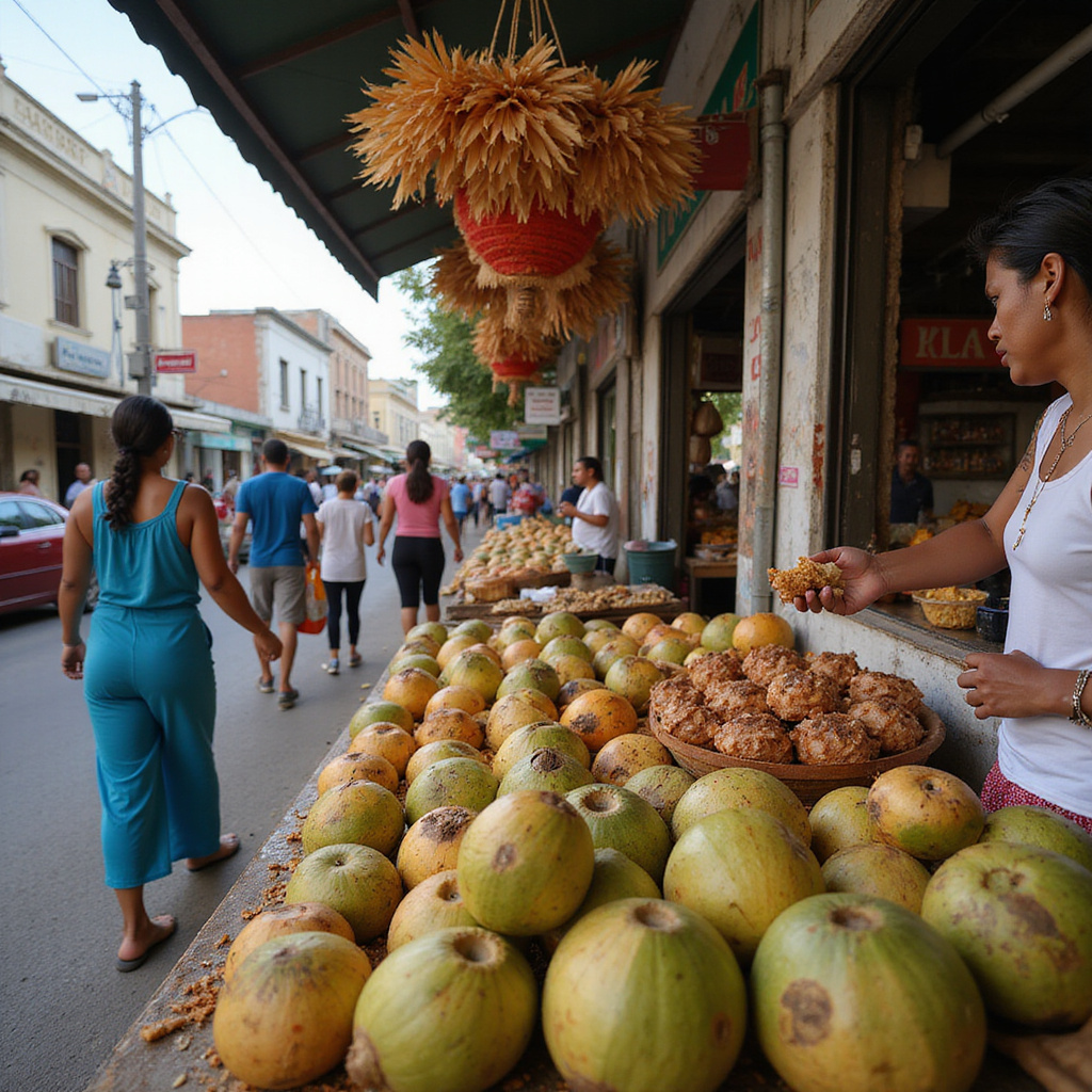 Ulica w Santo Domingo z lokalnym jedzeniem i kokosami